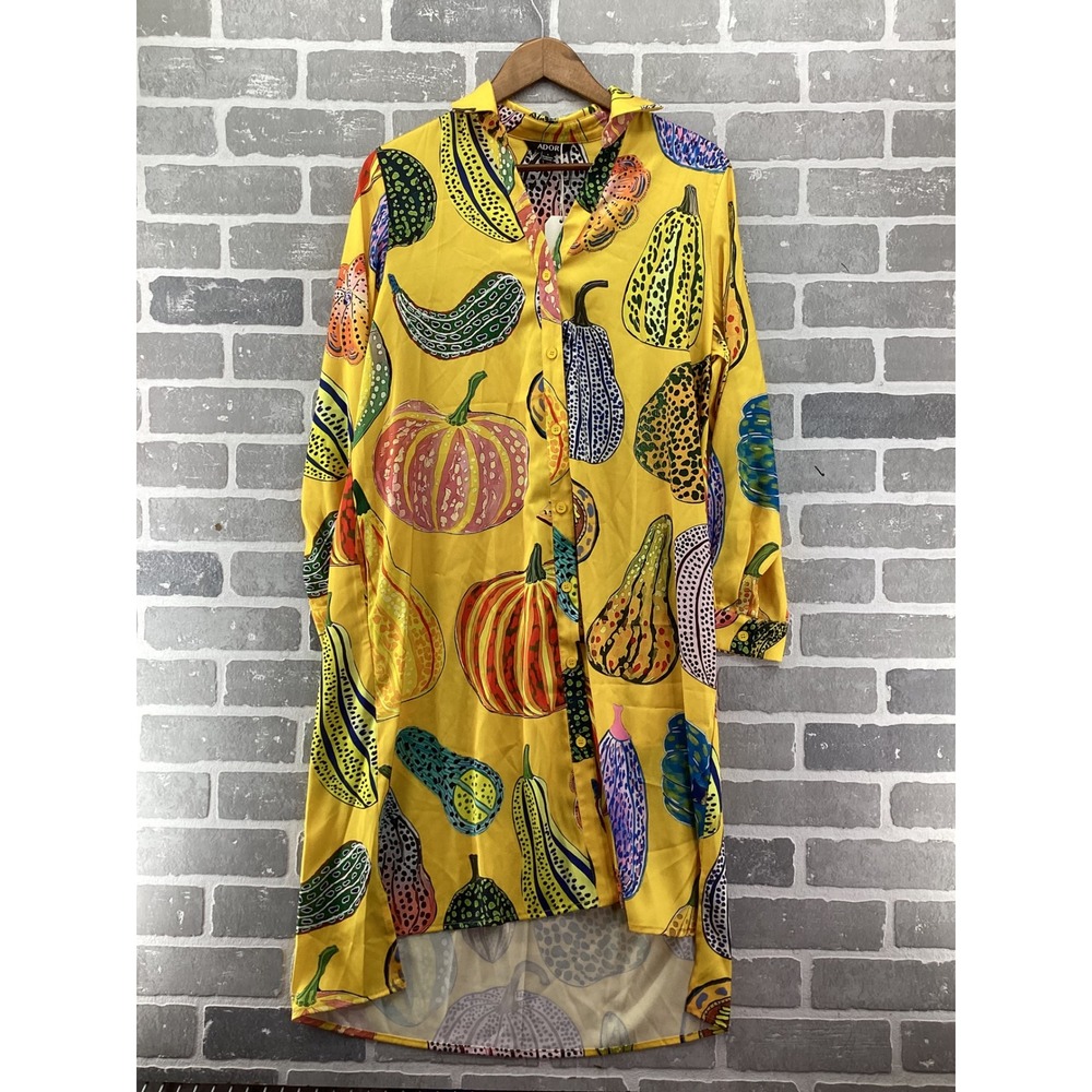 ADOR Women Yellow Pumpkin Gourd Print Shirt Dress Long Sleeve Button Down Large